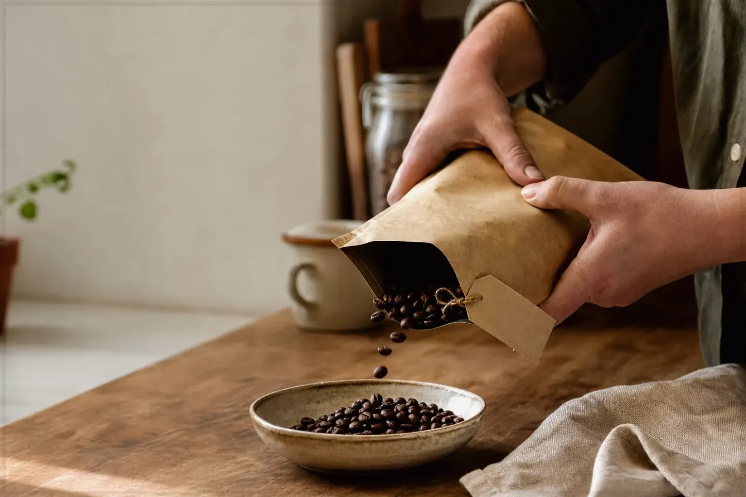 Hände füllen frisch geröstete Kaffeebohnen aus einer Papiertüte in eine Keramikschale – gezeigt für Milchaufschäumer im Themenvergleich.