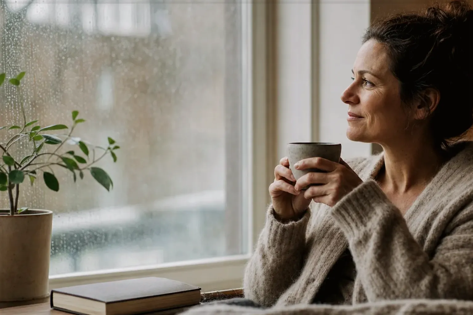 Eine Frau genießt an einem regnerischen Nachmittag ruhig eine Tasse Kaffee am Fenster – gezeigt für Milchaufschäumer im Themenvergleich.