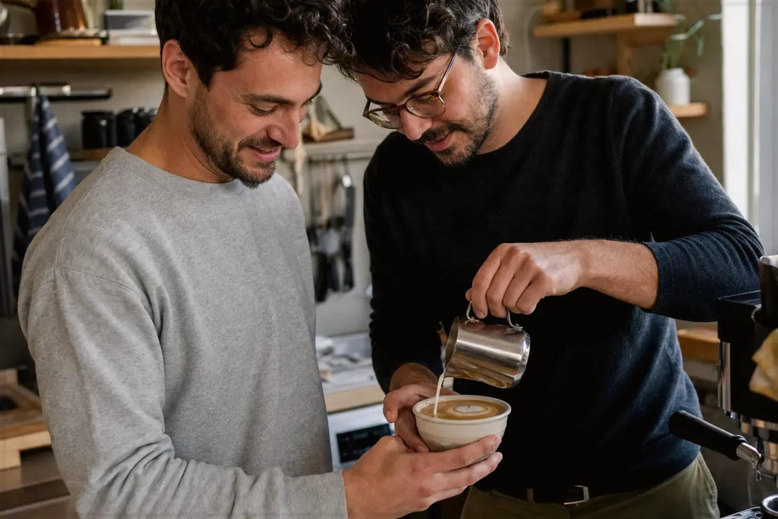Zwei Freunde freuen sich in einer kleinen Küche über ihre gemeinsam gegossene Latte Art – gezeigt für Milchaufschäumer im Themenvergleich.