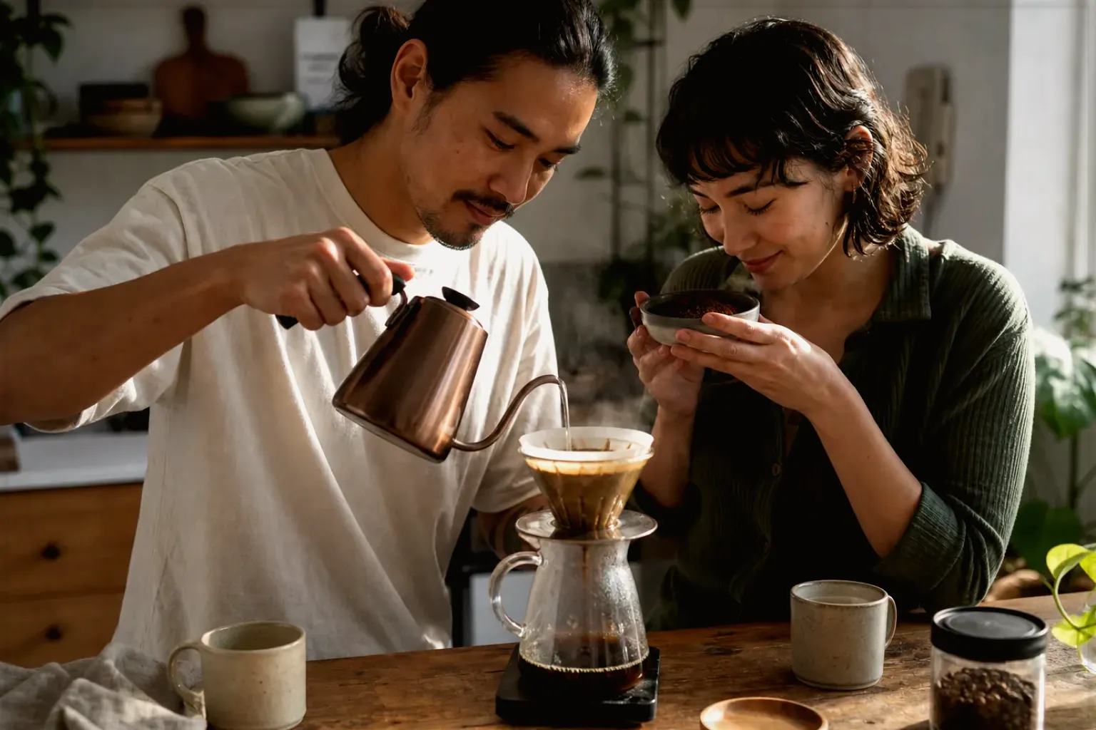 Zwei Menschen bereiten am Wochenende gemeinsam Filterkaffee mit einem Handfilter zu – gezeigt für Milchaufschäumer im Themenvergleich.