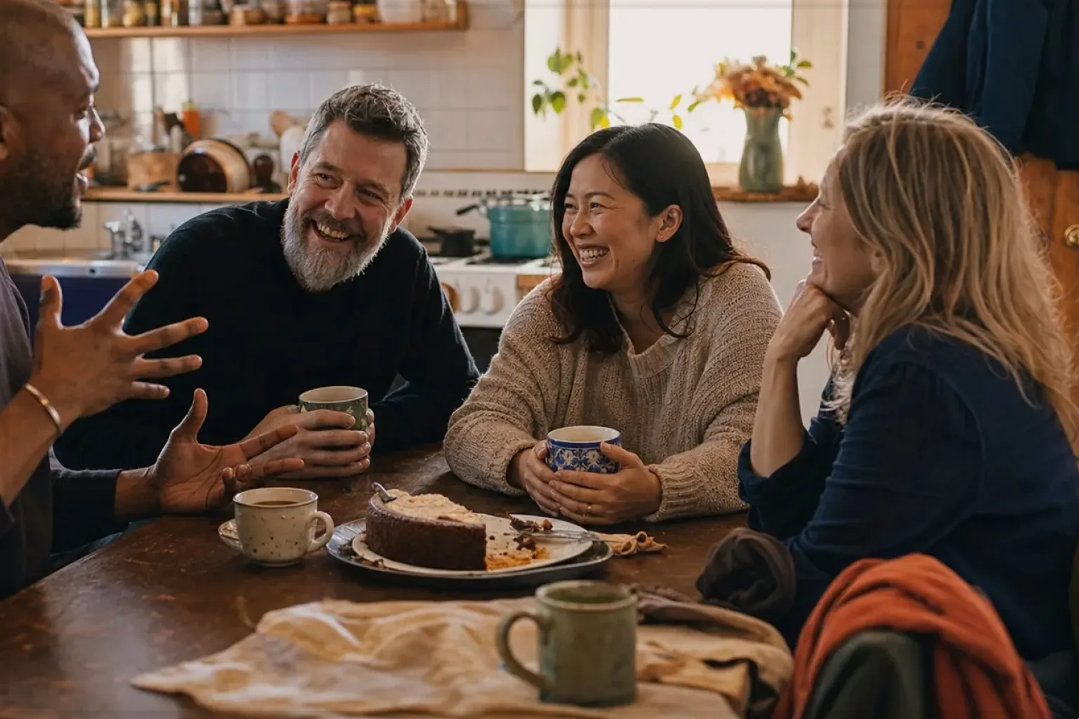 Vier erwachsene Freunde lachen gemeinsam bei Kaffee und selbst gebackenem Kuchen – gezeigt für Milchaufschäumer im Themenvergleich.