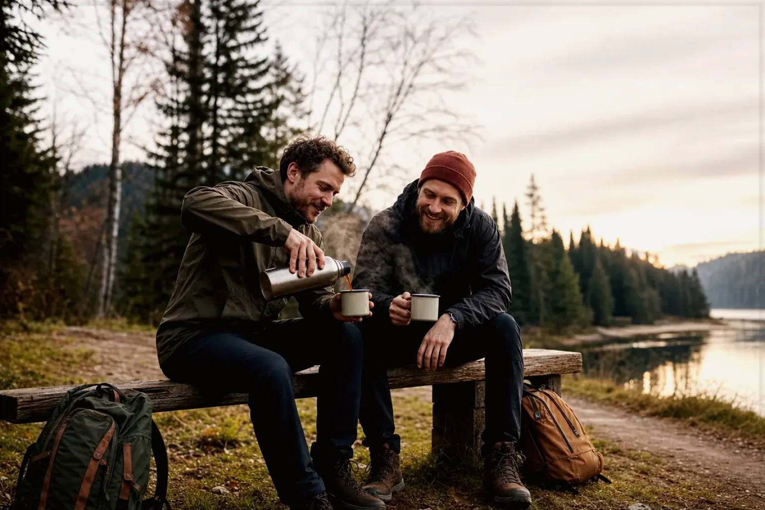 Zwei Freunde teilen auf einer Wanderung heißen Kaffee aus einer Thermoskanne am See – gezeigt für Milchaufschäumer im Themenvergleich.