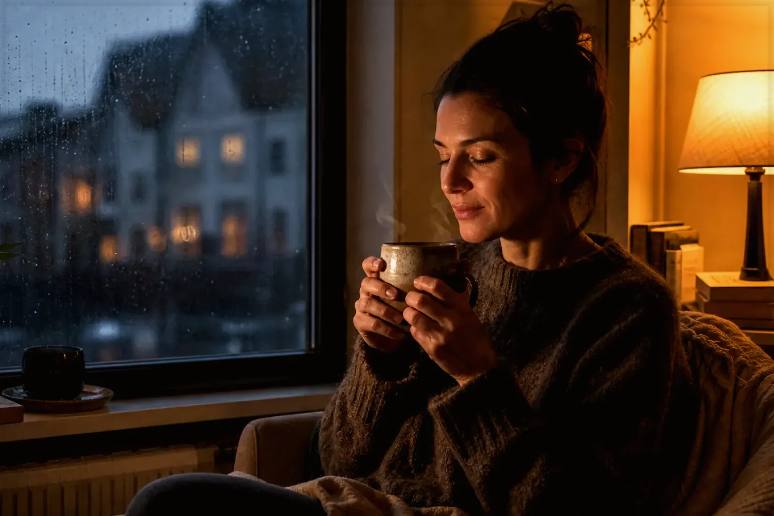 Eine Frau genießt an einem regnerischen Abend ruhig eine warme Tasse Kaffee am Fenster – gezeigt für Milchaufschäumer im Themenvergleich.
