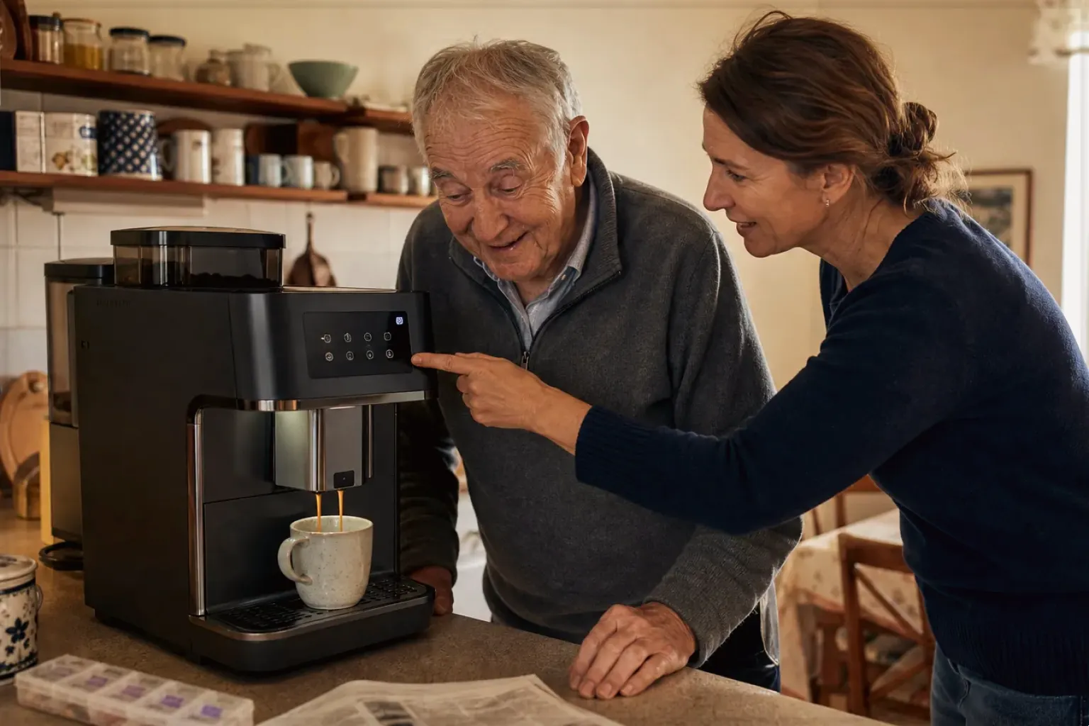 Eine erwachsene Tochter erklärt ihrem Vater verständlich die Bedienung eines Kaffeevollautomaten.