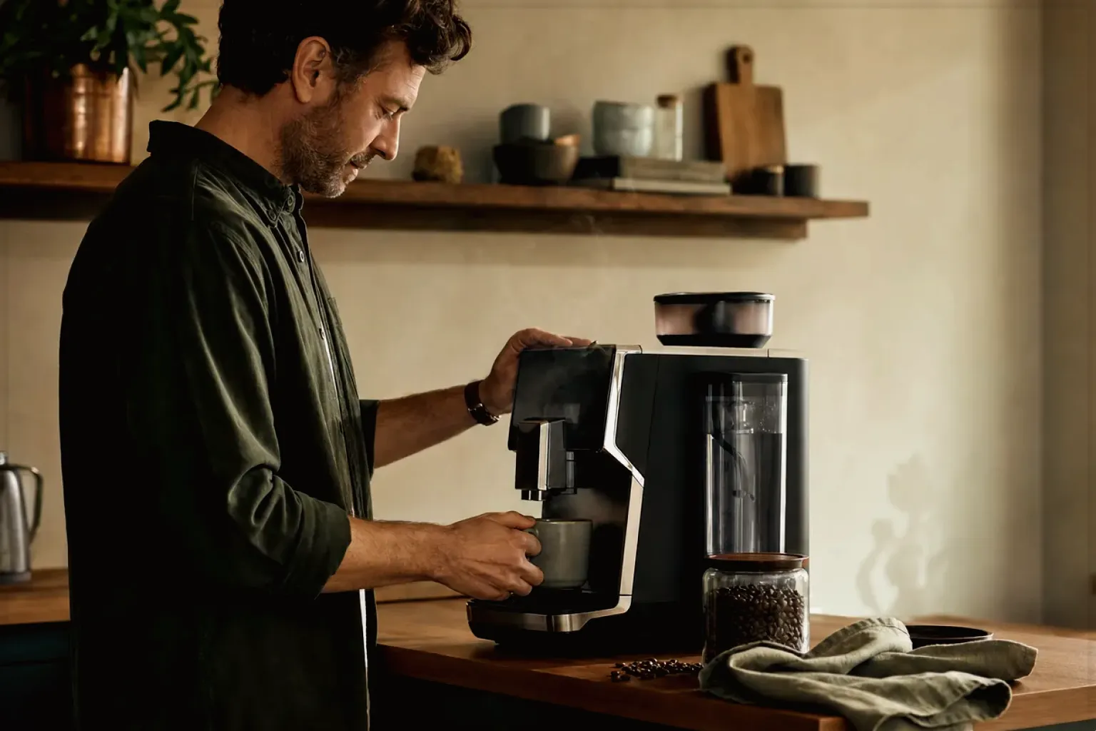 Ein Mann bereitet morgens Kaffee an einem Vollautomaten in seiner Küche zu – gezeigt für Mobile Kaffeemaschinen im Themenvergleich.