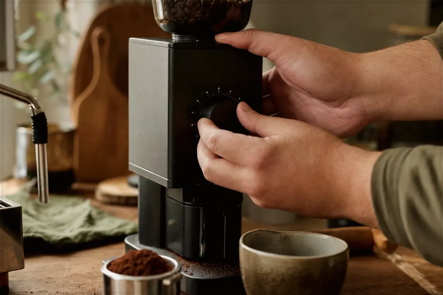 Zwei Hände stellen den Mahlgrad an einer Kaffeemühle neben einer Espressomaschine ein – gezeigt für Mobile Kaffeemaschinen im Themenvergleich.
