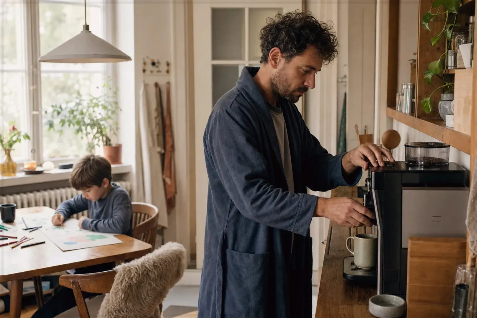 Ein Vater bereitet morgens Kaffee am Vollautomaten zu, während sein Kind am Küchentisch malt – gezeigt für Mobile Kaffeemaschinen im Themenvergleich.