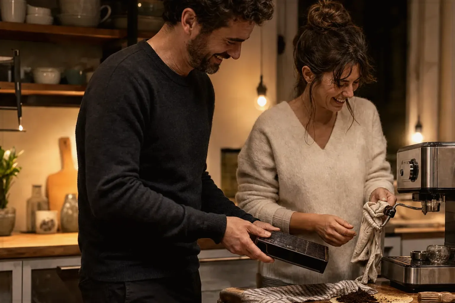 Ein Paar reinigt am Abend gemeinsam und gut gelaunt seine Espressomaschine in der Küche – gezeigt für Mobile Kaffeemaschinen im Themenvergleich.