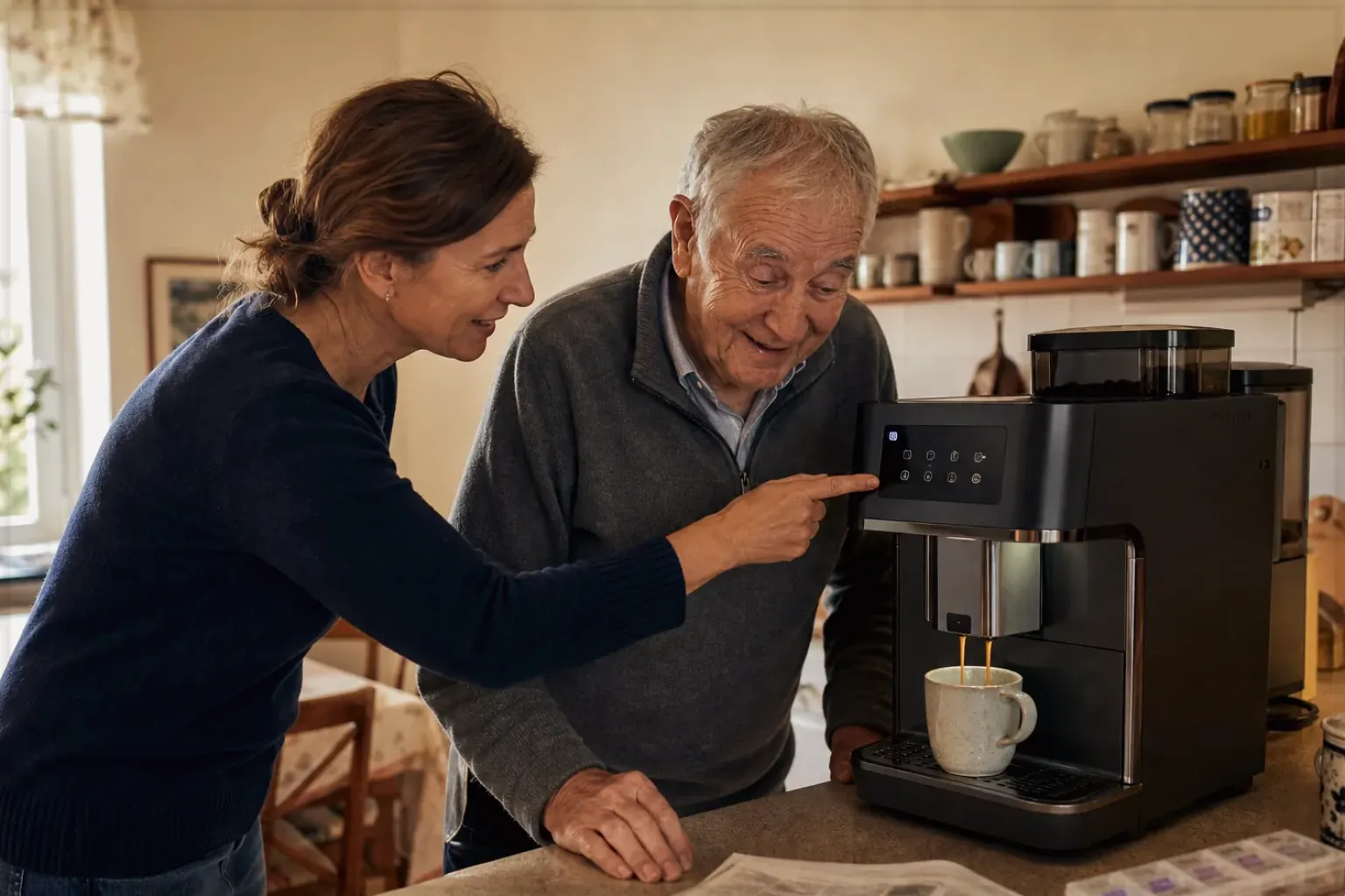 Eine erwachsene Tochter erklärt ihrem älteren Vater in seiner Küche einen Kaffeevollautomaten – gezeigt für Mobile Kaffeemaschinen im Themenvergleich.