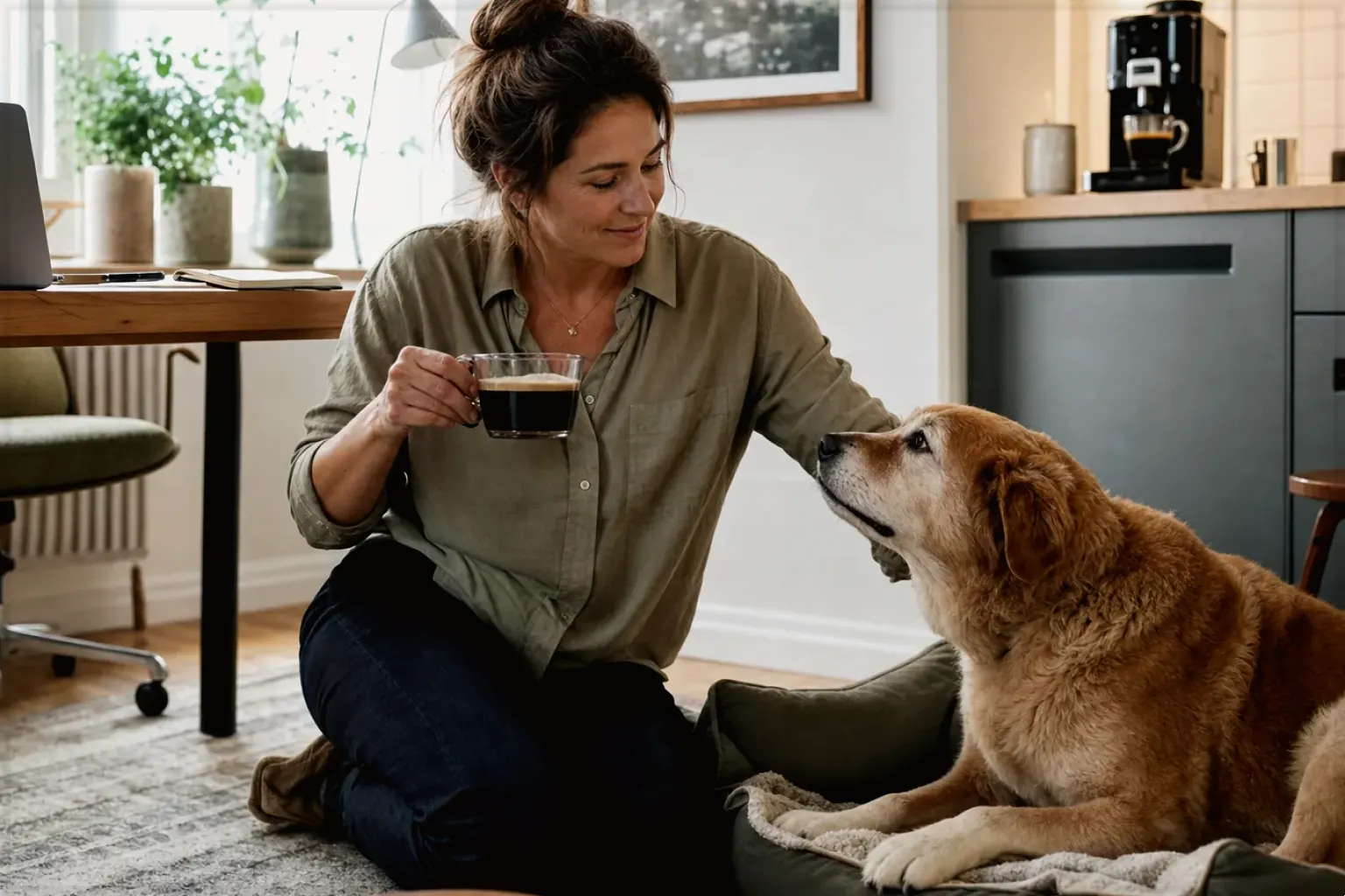 Eine Frau genießt im Homeoffice eine Kaffeepause bei ihrem älteren Hund – gezeigt für Mobile Kaffeemaschinen im Themenvergleich.