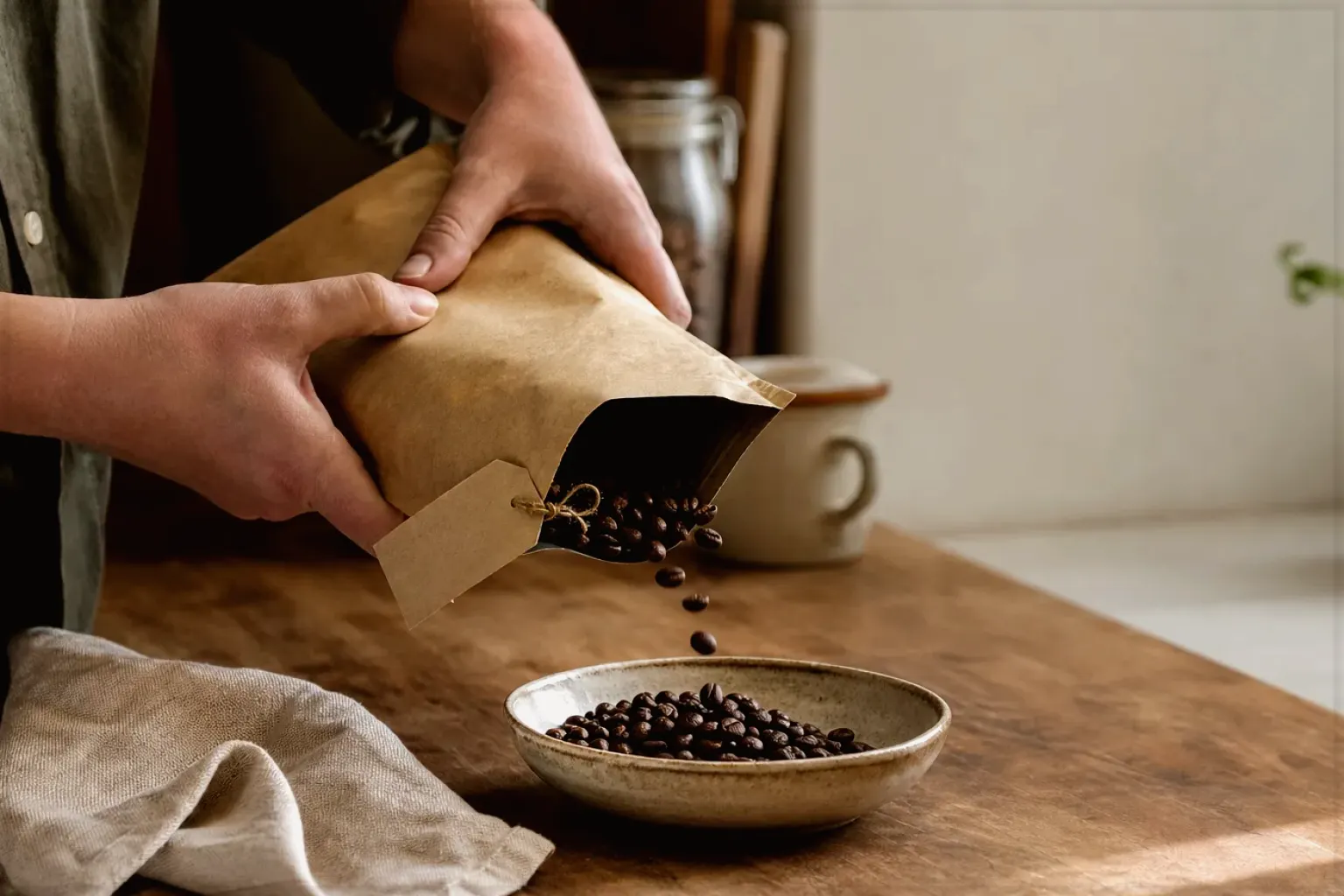 Hände füllen frisch geröstete Kaffeebohnen aus einer Papiertüte in eine Keramikschale – gezeigt für Mobile Kaffeemaschinen im Themenvergleich.