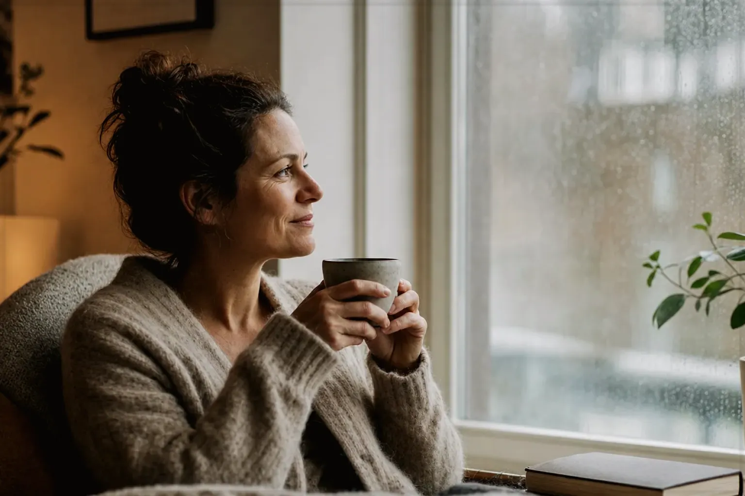 Eine Frau genießt an einem regnerischen Nachmittag ruhig eine Tasse Kaffee am Fenster – gezeigt für Mobile Kaffeemaschinen im Themenvergleich.