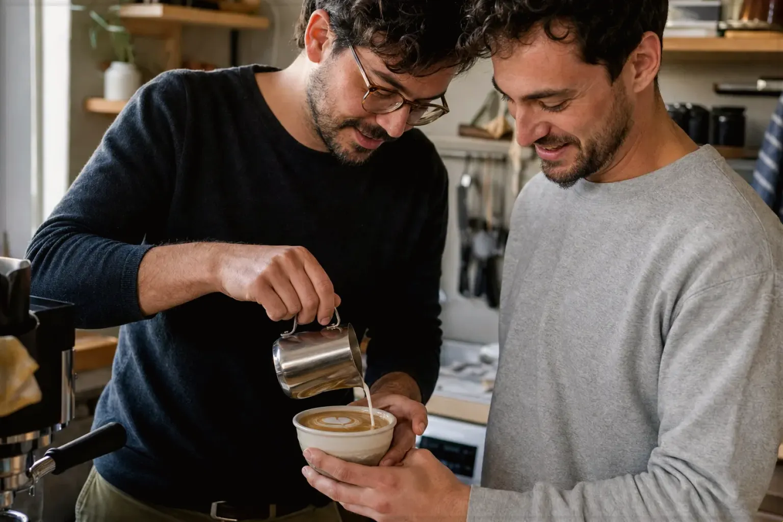 Zwei Freunde freuen sich in einer kleinen Küche über ihre gemeinsam gegossene Latte Art – gezeigt für Mobile Kaffeemaschinen im Themenvergleich.