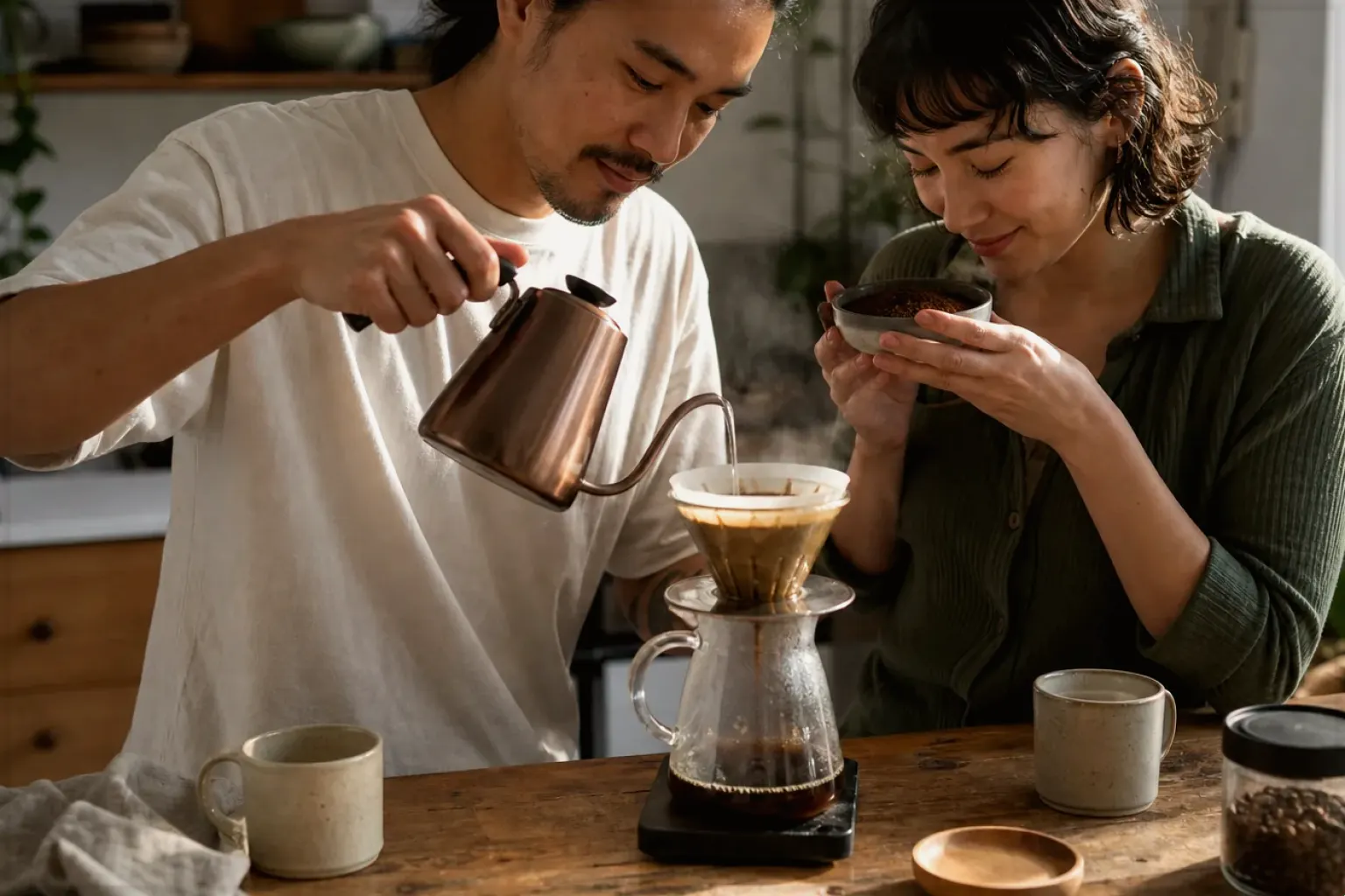 Zwei Menschen bereiten am Wochenende gemeinsam Filterkaffee mit einem Handfilter zu – gezeigt für Mobile Kaffeemaschinen im Themenvergleich.