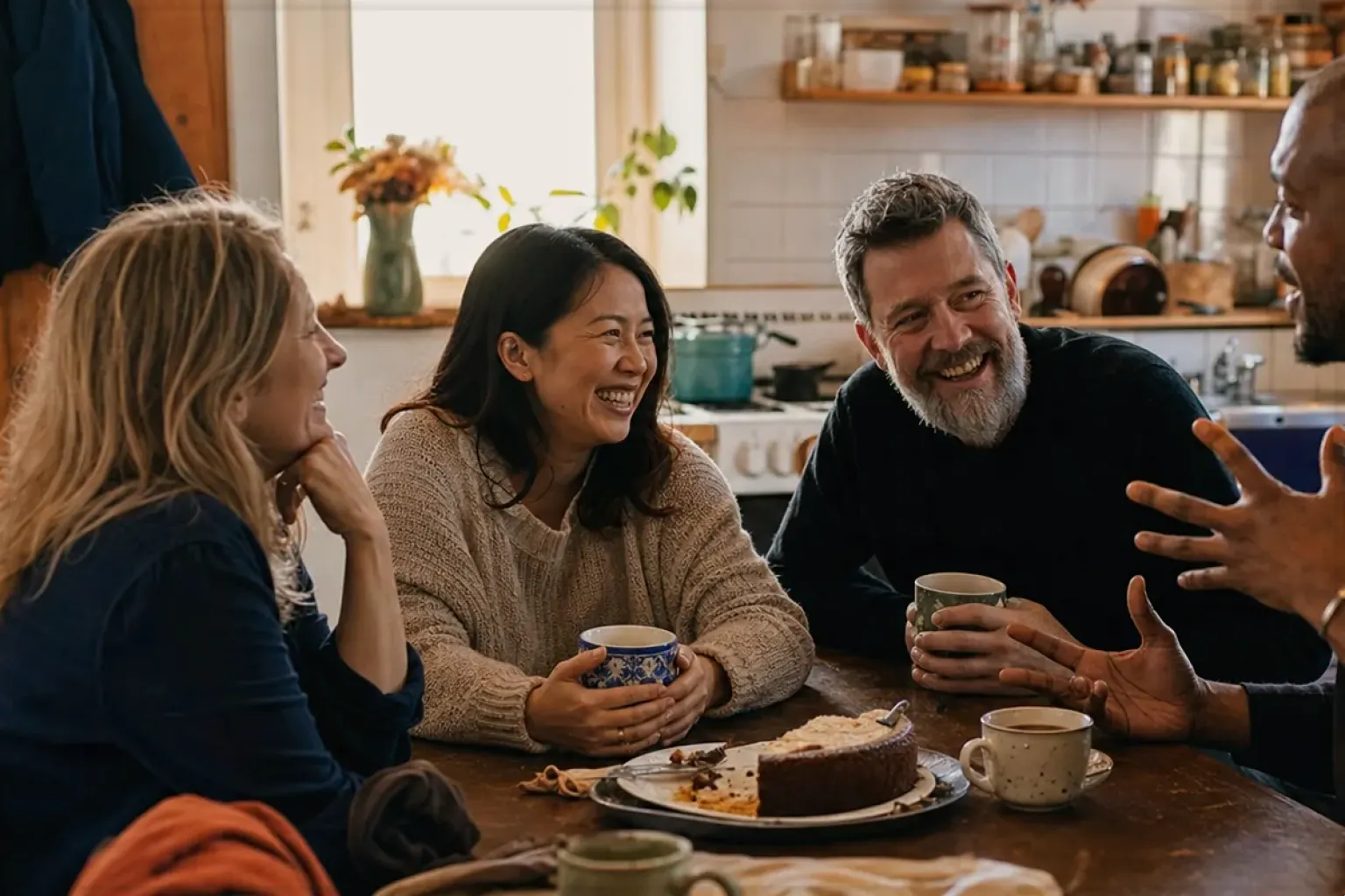Vier erwachsene Freunde lachen gemeinsam bei Kaffee und selbst gebackenem Kuchen – gezeigt für Mobile Kaffeemaschinen im Themenvergleich.