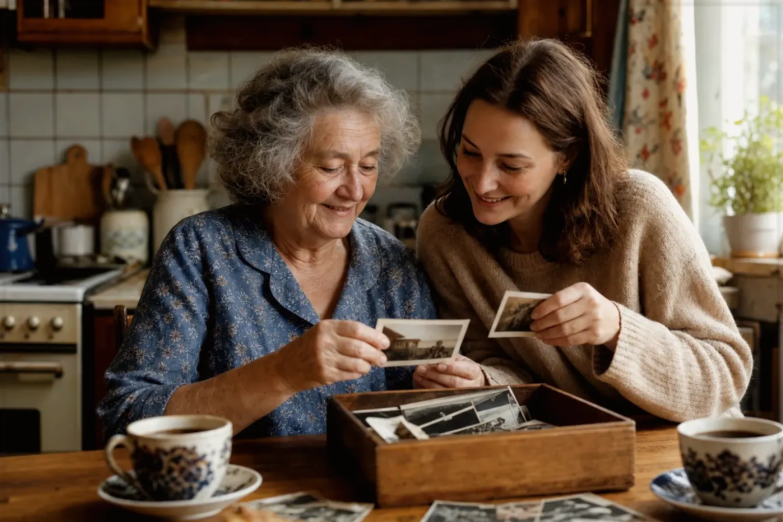 Eine ältere Frau und ihre erwachsene Enkelin betrachten bei Kaffee gemeinsam alte Familienfotos – gezeigt für Mobile Kaffeemaschinen im Themenvergleich.