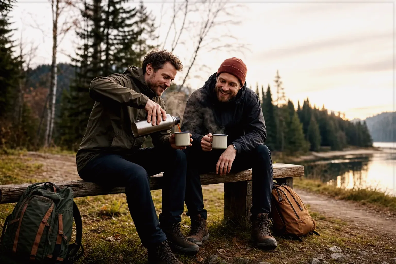 Zwei Freunde teilen auf einer Wanderung heißen Kaffee aus einer Thermoskanne am See – gezeigt für Mobile Kaffeemaschinen im Themenvergleich.