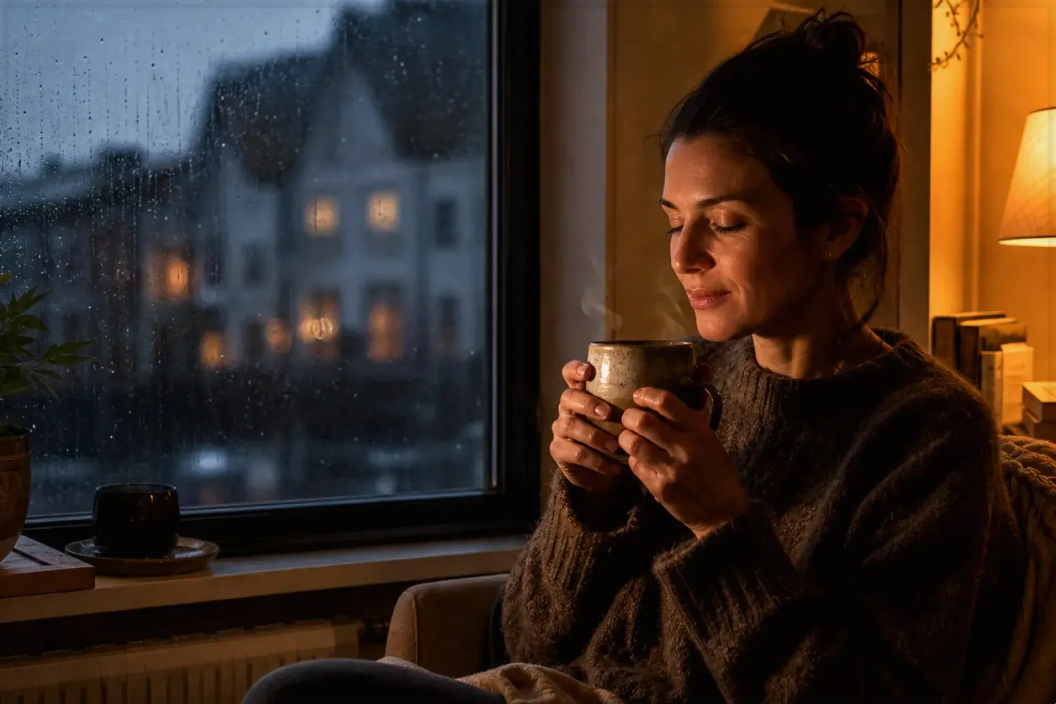 Eine Frau genießt an einem regnerischen Abend ruhig eine warme Tasse Kaffee am Fenster – gezeigt für Mobile Kaffeemaschinen im Themenvergleich.