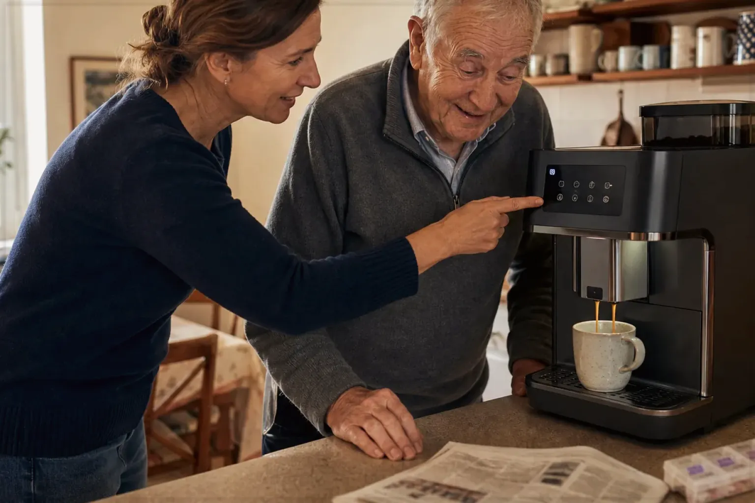 Eine erwachsene Tochter erklärt ihrem Vater verständlich die Bedienung eines Kaffeevollautomaten.
