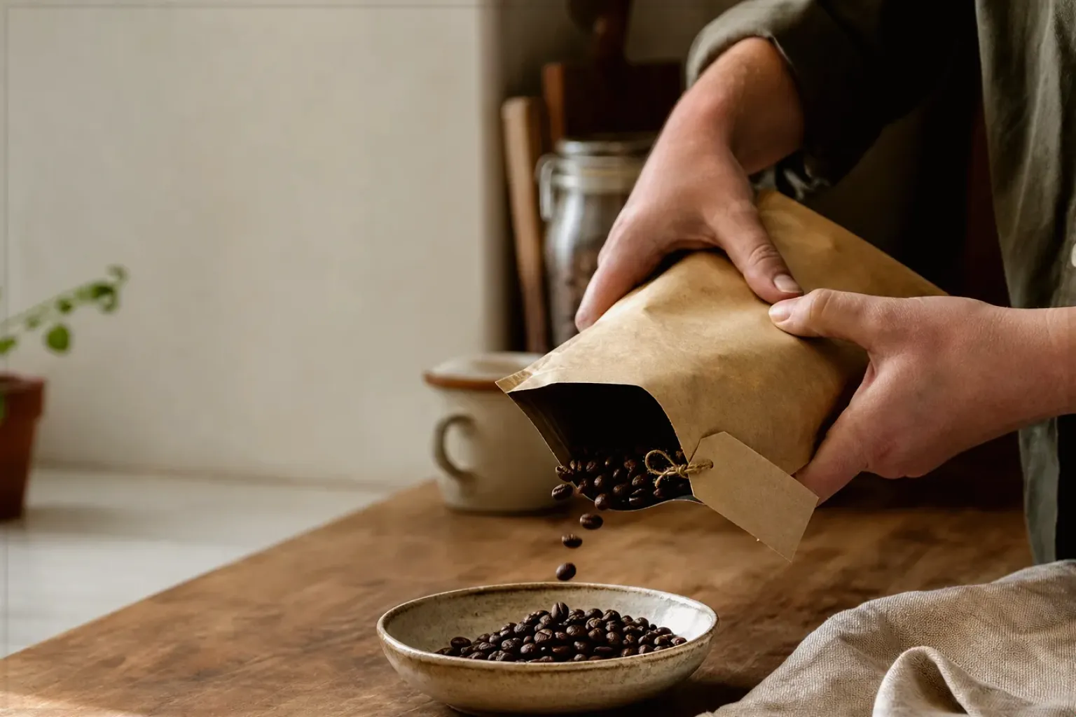 Hände füllen frisch geröstete Kaffeebohnen aus einer Papiertüte in eine Keramikschale – gezeigt für Säurearm im Themenvergleich.