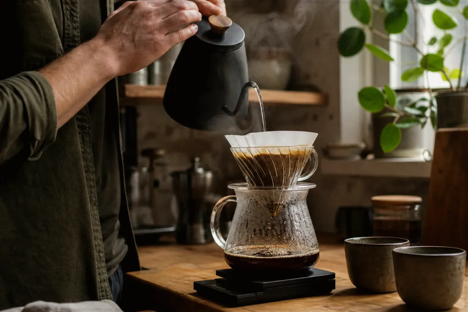 Filterkaffee wird mit einem Schwanenhalskessel von Hand in einer Küche aufgegossen – gezeigt für Säurearm im Themenvergleich.