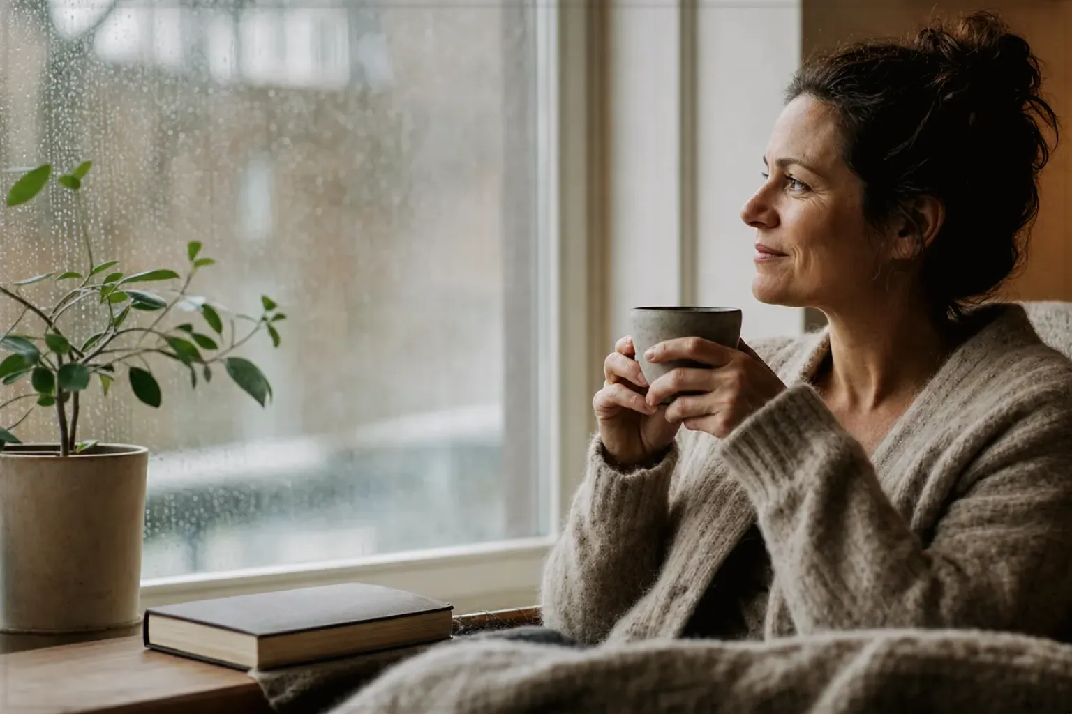 Eine Frau genießt an einem regnerischen Nachmittag ruhig eine Tasse Kaffee am Fenster – gezeigt für Säurearm im Themenvergleich.