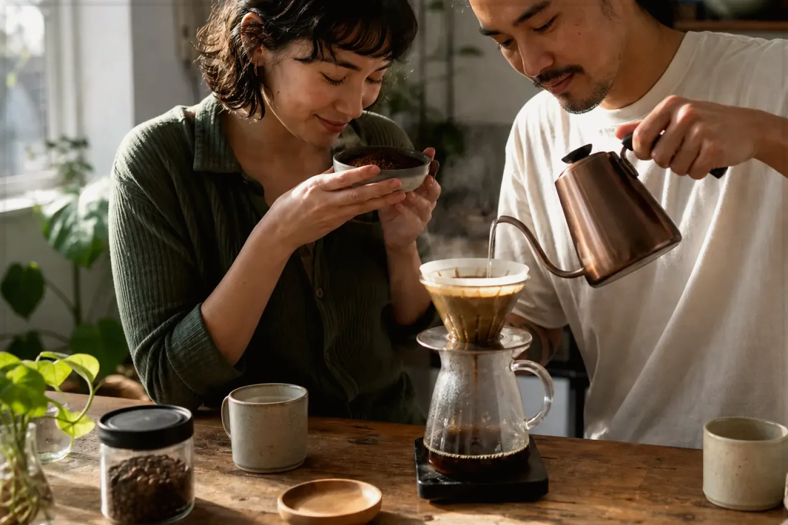 Zwei Menschen bereiten am Wochenende gemeinsam Filterkaffee mit einem Handfilter zu – gezeigt für Säurearm im Themenvergleich.