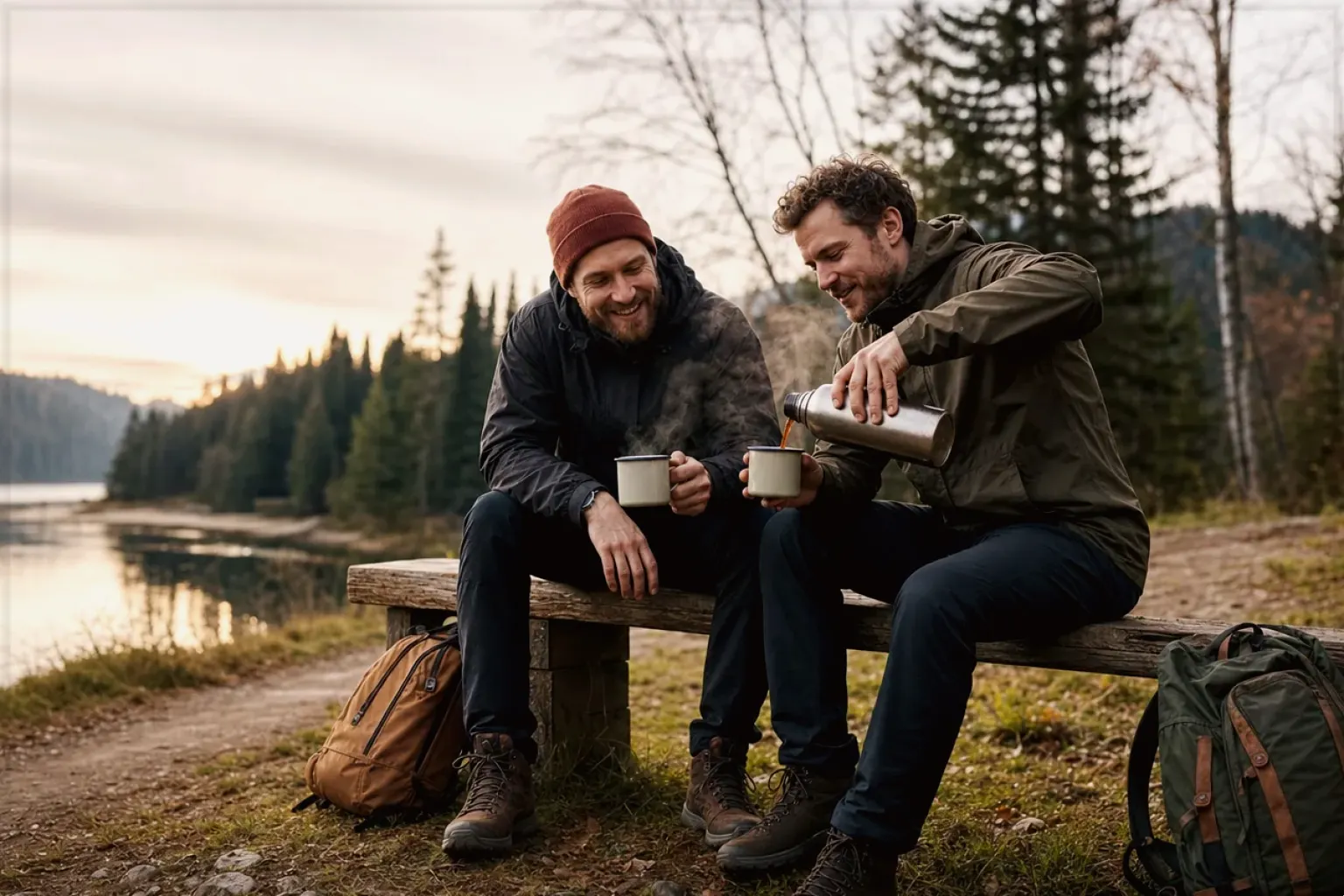 Zwei Freunde teilen auf einer Wanderung heißen Kaffee aus einer Thermoskanne am See – gezeigt für Säurearm im Themenvergleich.