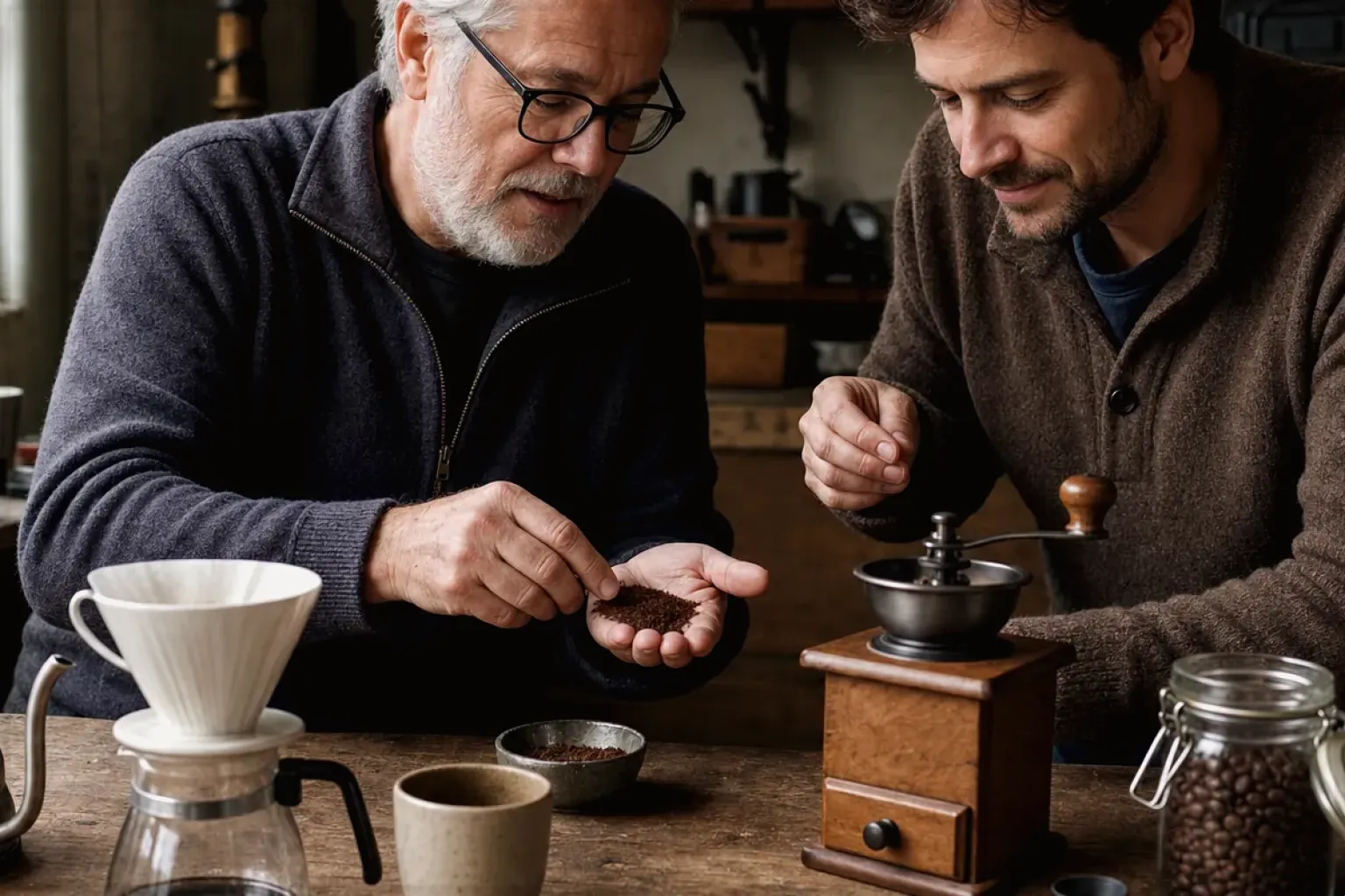 Ein älterer Kaffeeliebhaber zeigt einem jüngeren Erwachsenen gemahlenen Kaffee neben Handmühle und Filter – gezeigt für Säurearm im Themenvergleich.