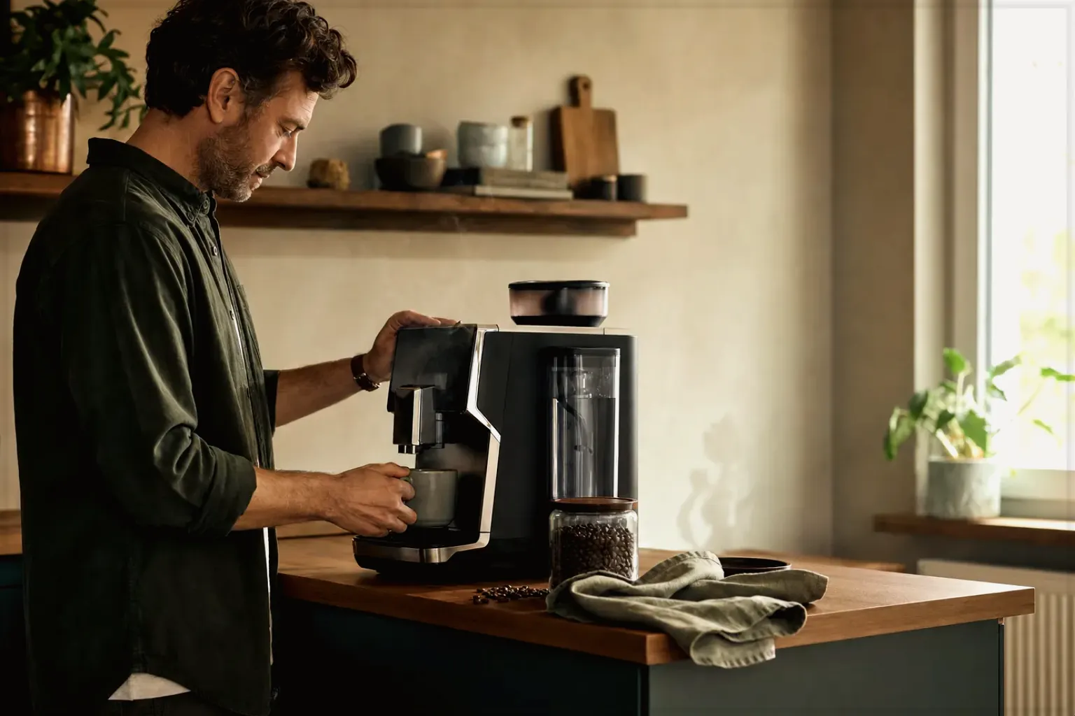 Ein Mann bereitet morgens Kaffee in seiner Küche zu – gezeigt für Säurearm im Themenvergleich.