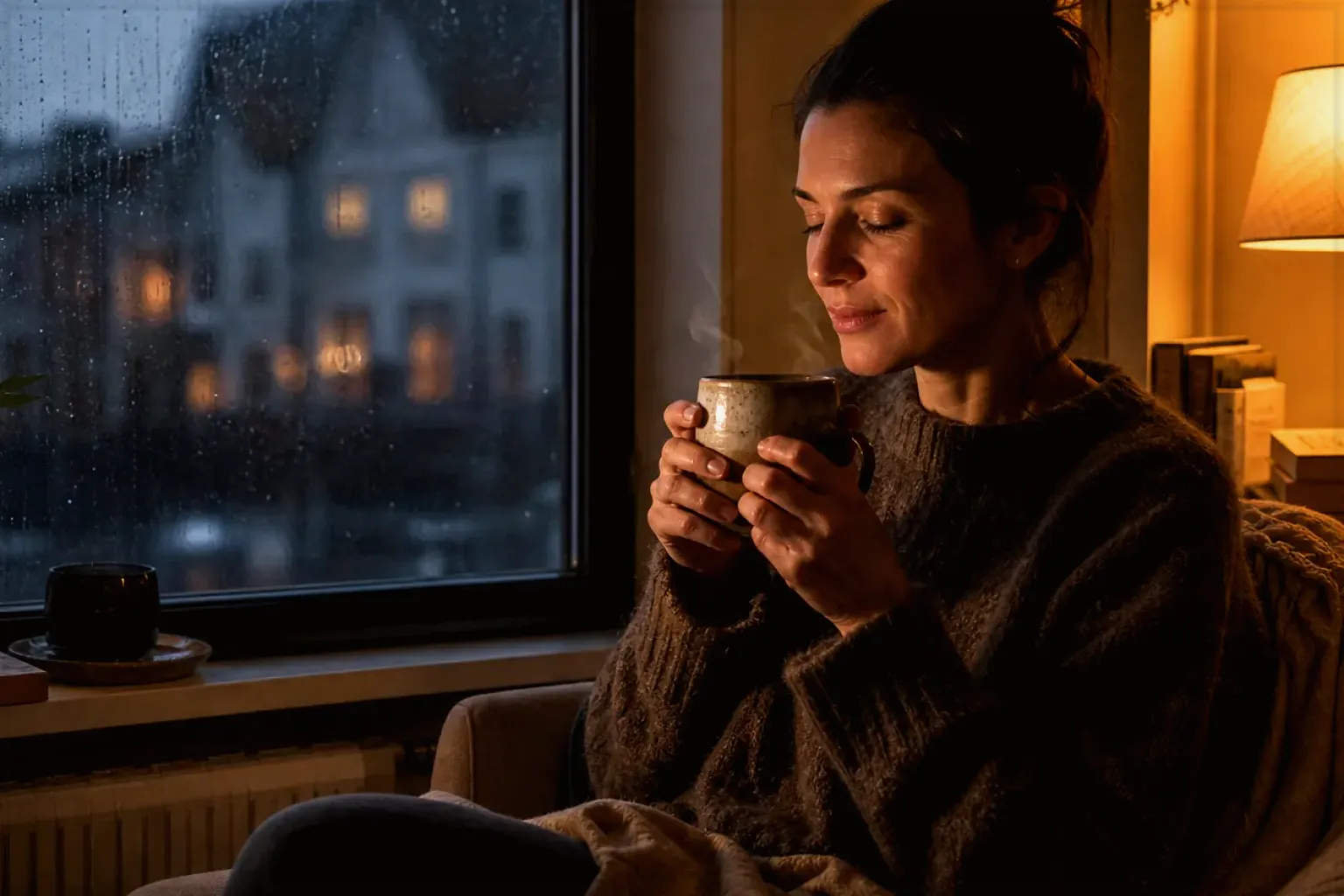 Eine Frau genießt an einem regnerischen Abend ruhig eine warme Tasse Kaffee am Fenster – gezeigt für Säurearm im Themenvergleich.