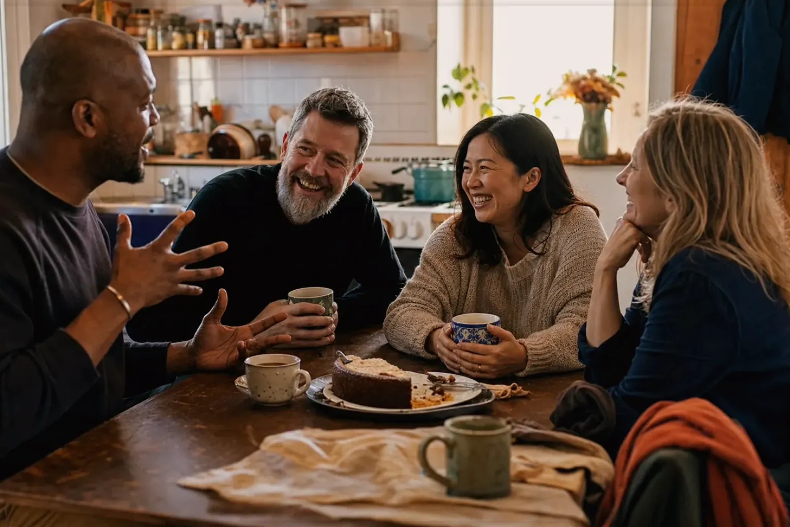 Vier erwachsene Freunde lachen gemeinsam bei Kaffee und selbst gebackenem Kuchen – gezeigt für Säurearm im Themenvergleich.