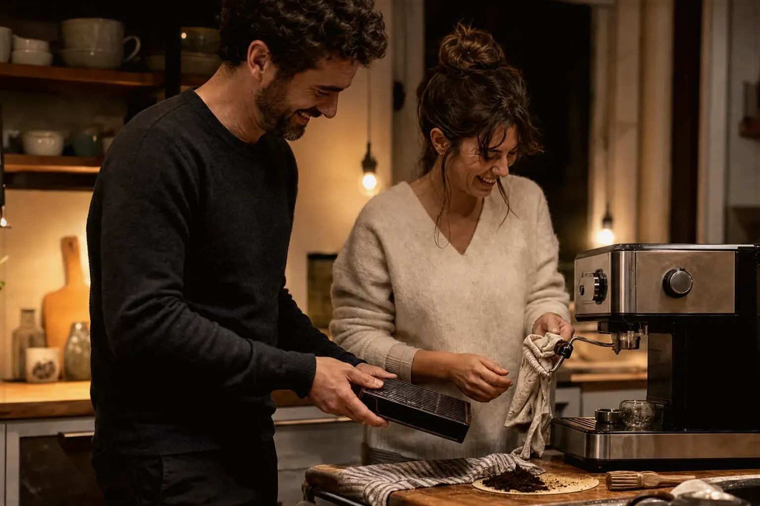 Ein Paar reinigt am Abend gemeinsam und gut gelaunt seine Espressomaschine in der Küche – gezeigt für Säurearm im Themenvergleich.