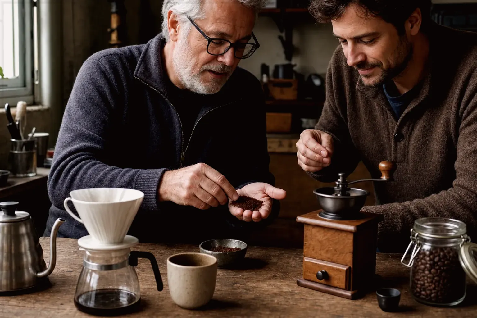 Ein erfahrener Kaffeeliebhaber erklärt einem jüngeren Erwachsenen Mahlgrad und Kaffeetextur.
