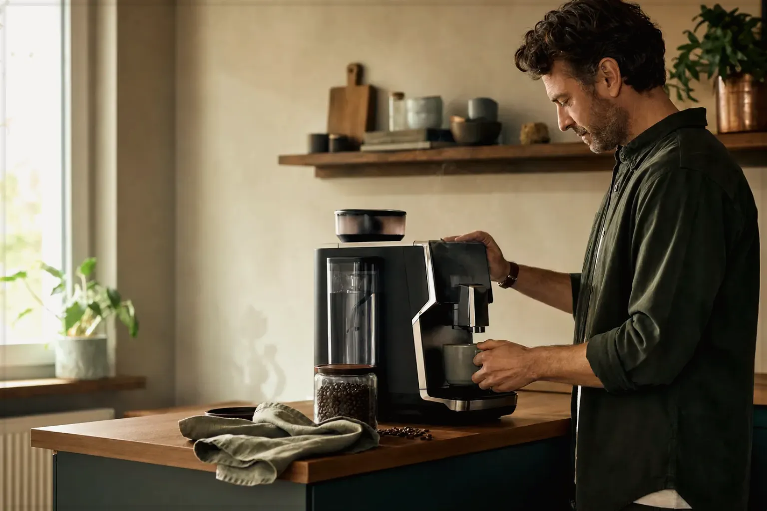 Ein Mann bereitet morgens Kaffee an einem Vollautomaten in seiner Küche zu – gezeigt für Siebträger im Themenvergleich.
