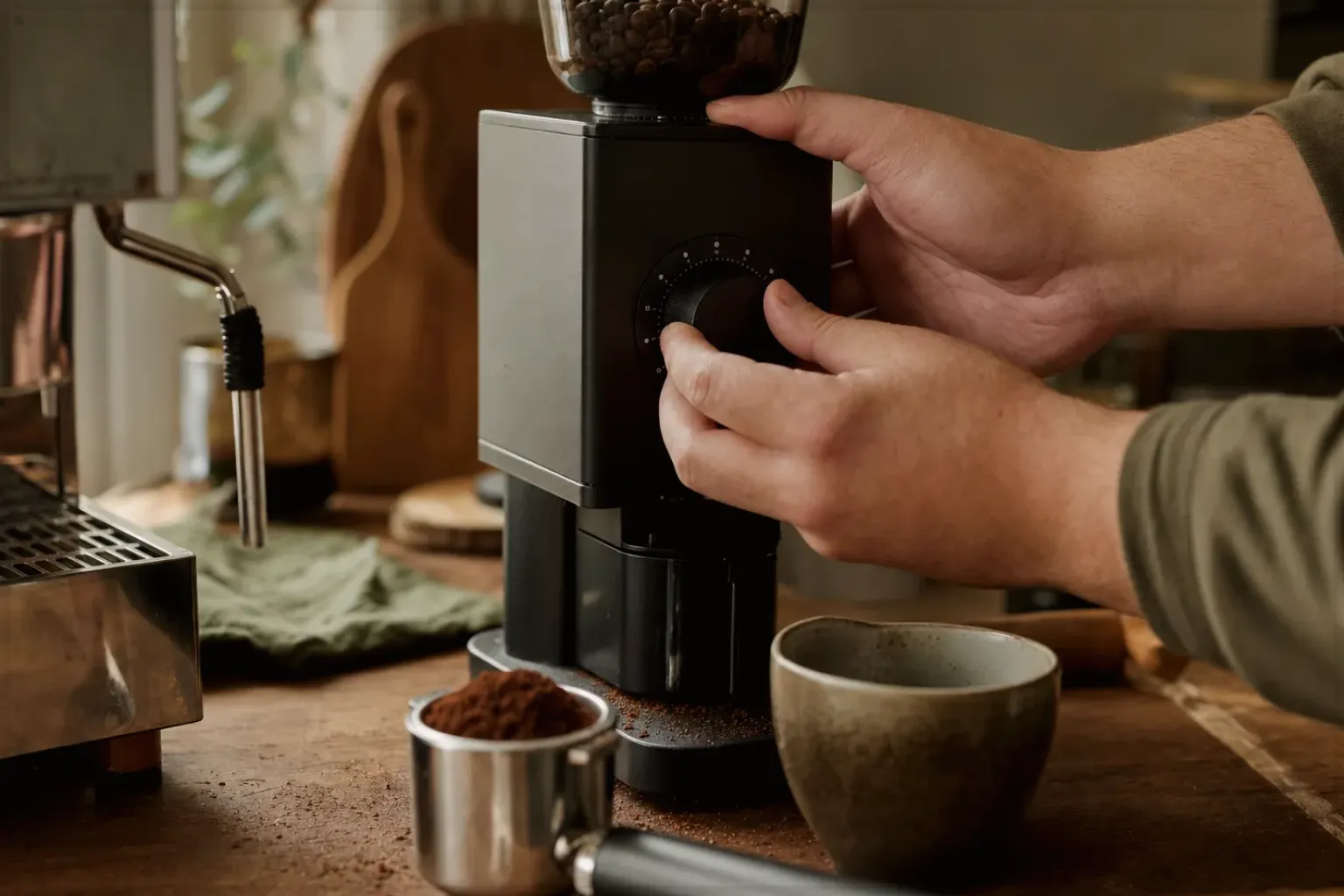 Zwei Hände stellen den Mahlgrad an einer Kaffeemühle neben einer Espressomaschine ein – gezeigt für Siebträger im Themenvergleich.