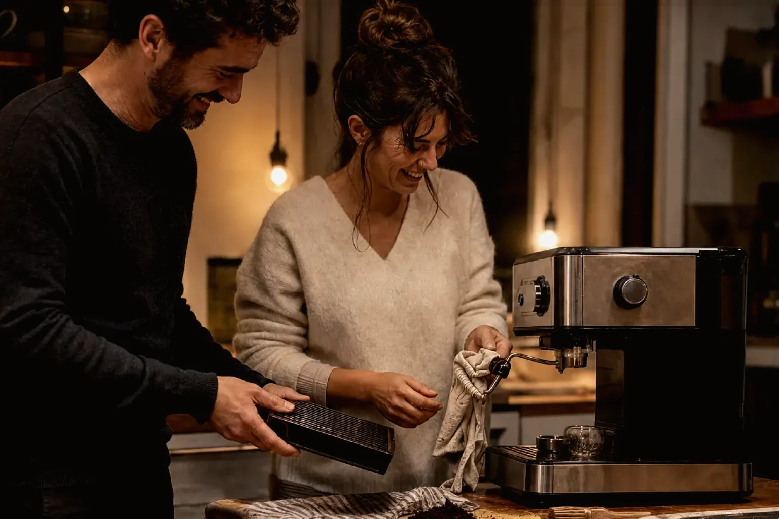 Ein Paar reinigt am Abend gemeinsam und gut gelaunt seine Espressomaschine in der Küche – gezeigt für Siebträger im Themenvergleich.