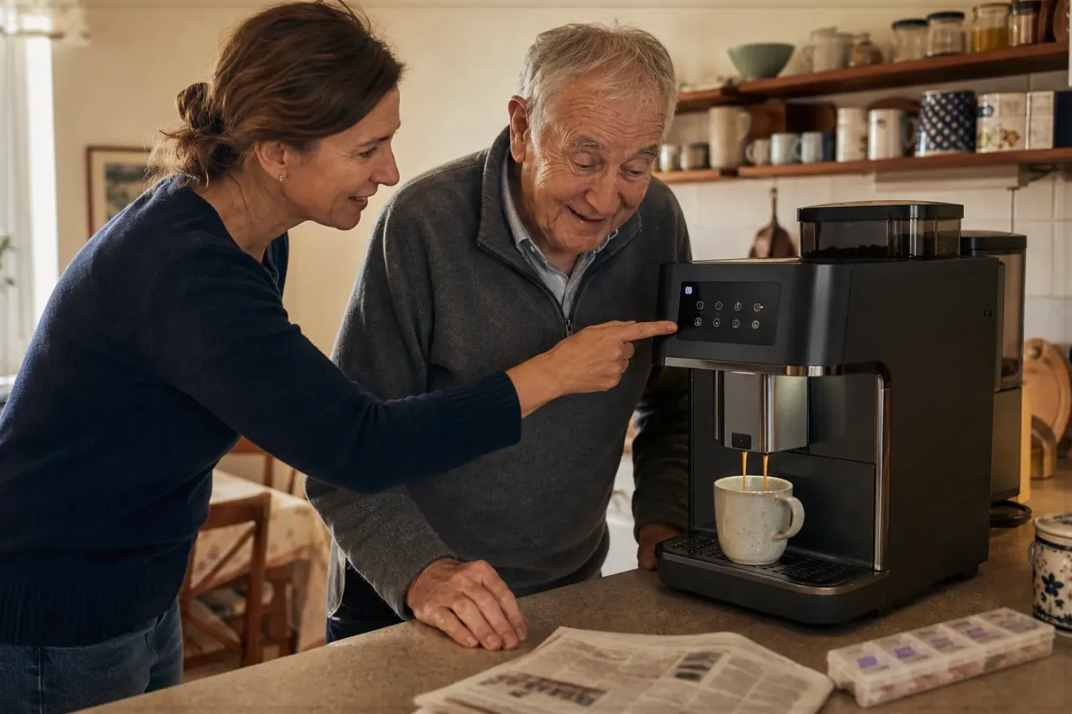 Eine erwachsene Tochter erklärt ihrem älteren Vater in seiner Küche einen Kaffeevollautomaten – gezeigt für Siebträger im Themenvergleich.