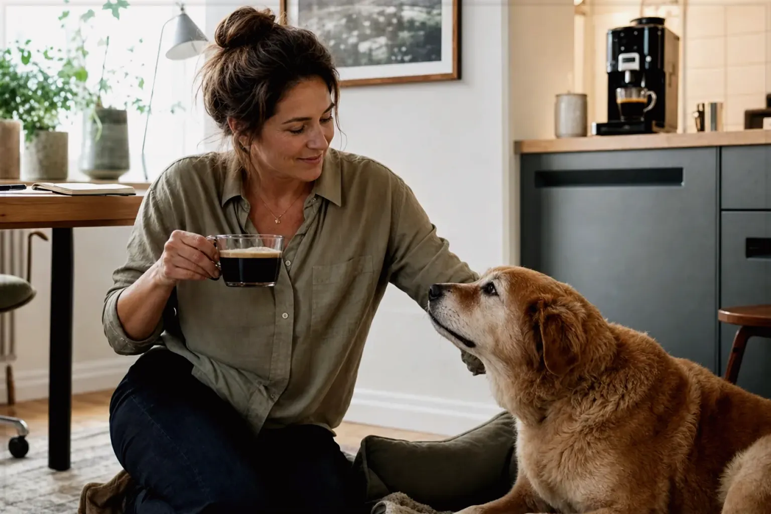Eine Frau genießt im Homeoffice eine Kaffeepause bei ihrem älteren Hund – gezeigt für Siebträger im Themenvergleich.