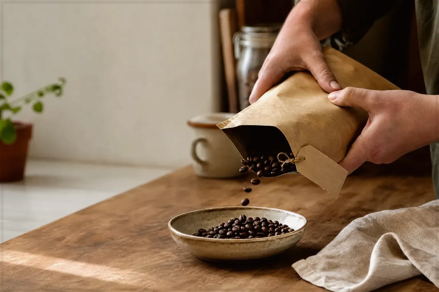 Hände füllen frisch geröstete Kaffeebohnen aus einer Papiertüte in eine Keramikschale – gezeigt für Siebträger im Themenvergleich.