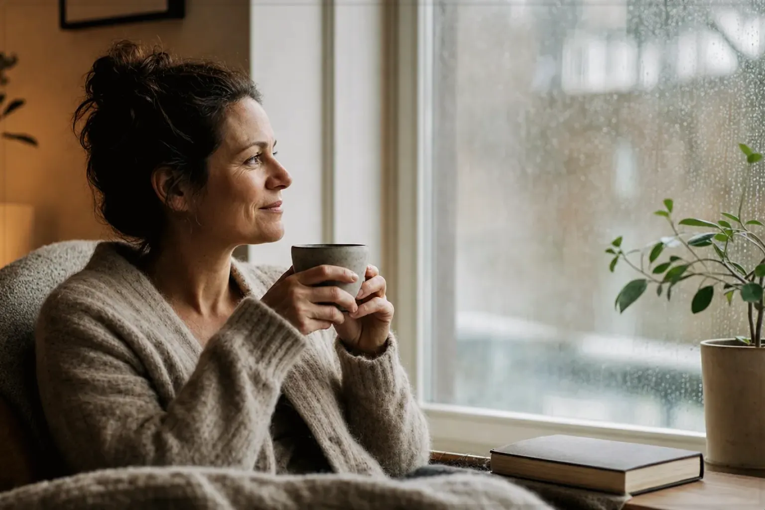Eine Frau genießt an einem regnerischen Nachmittag ruhig eine Tasse Kaffee am Fenster – gezeigt für Siebträger im Themenvergleich.