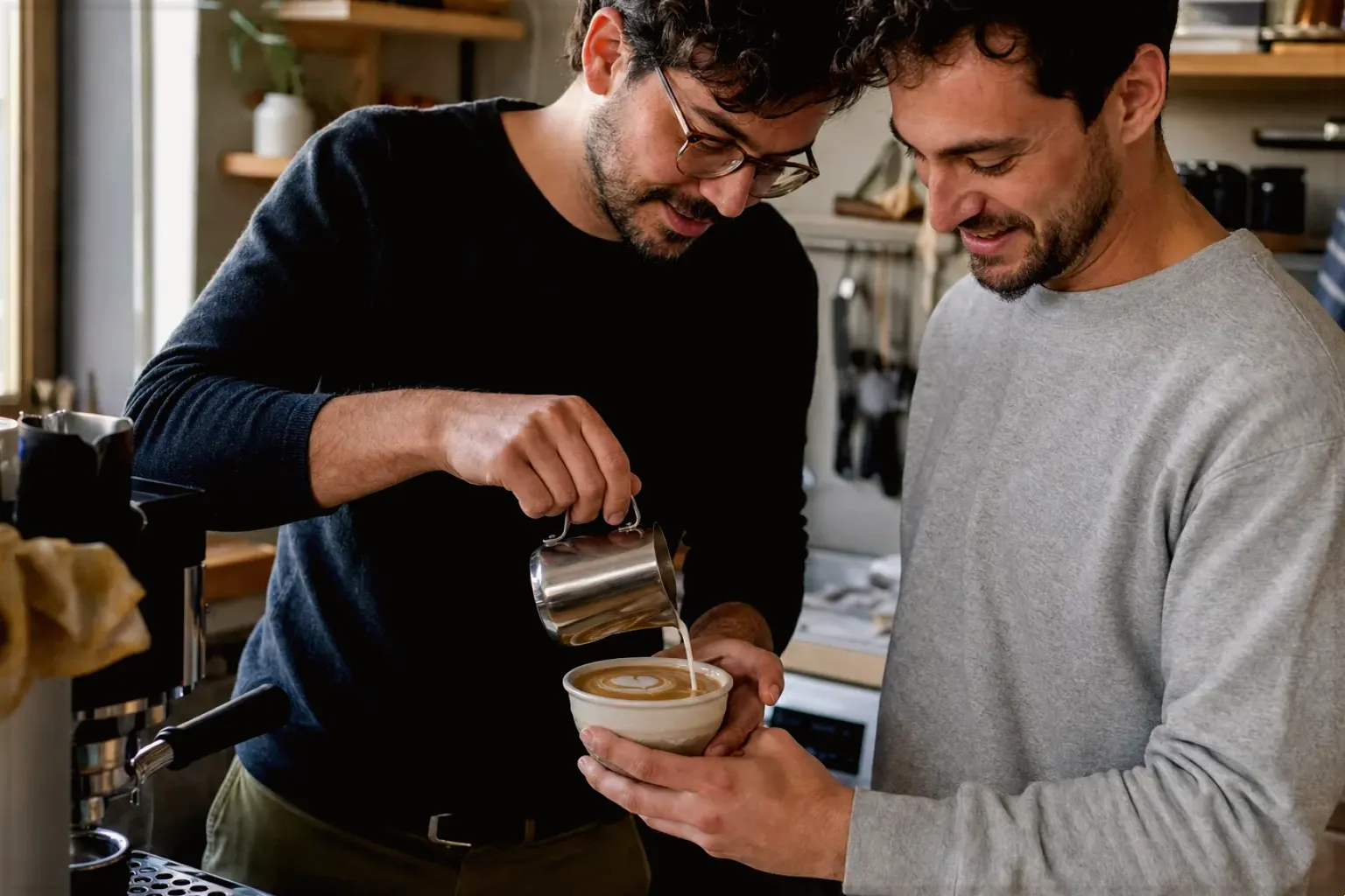 Zwei Freunde freuen sich in einer kleinen Küche über ihre gemeinsam gegossene Latte Art – gezeigt für Siebträger im Themenvergleich.