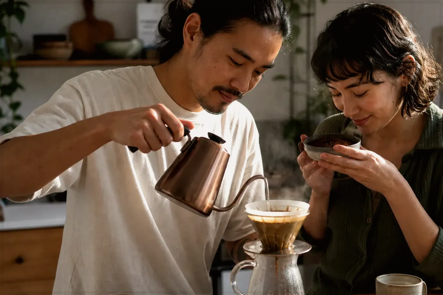 Zwei Menschen bereiten am Wochenende gemeinsam Filterkaffee mit einem Handfilter zu – gezeigt für Siebträger im Themenvergleich.
