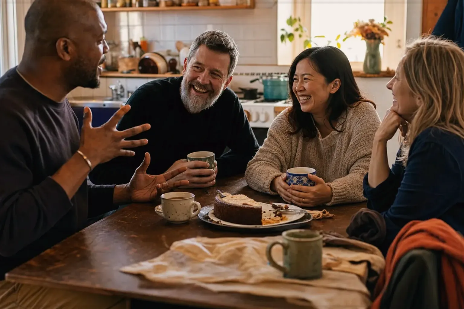 Vier erwachsene Freunde lachen gemeinsam bei Kaffee und selbst gebackenem Kuchen – gezeigt für Siebträger im Themenvergleich.