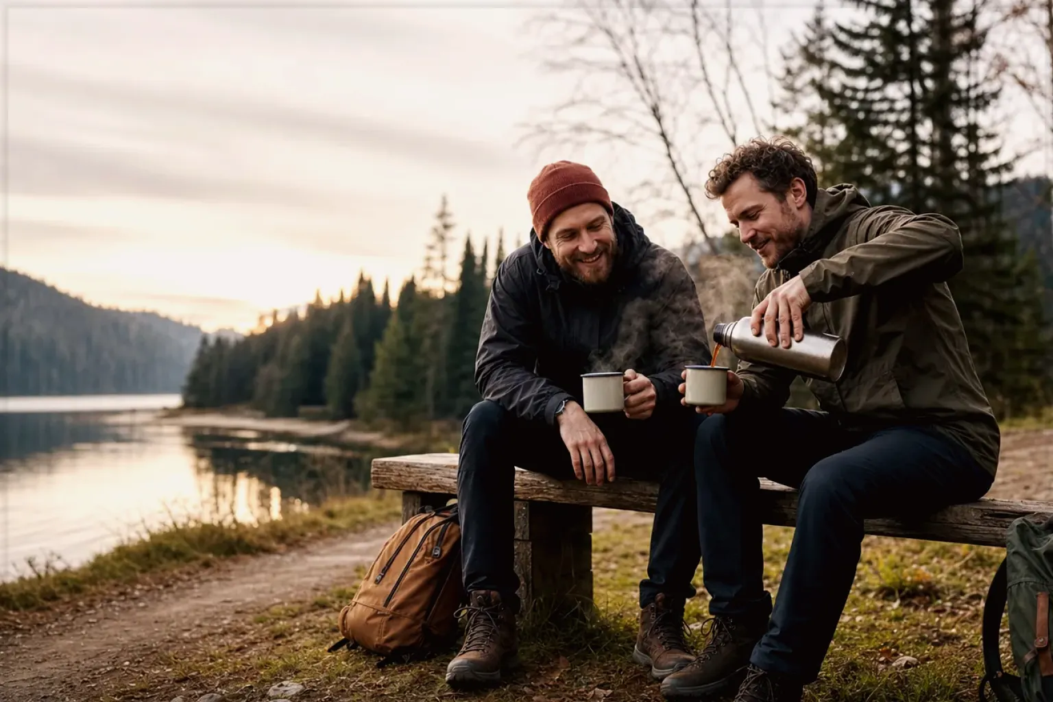 Zwei Freunde teilen auf einer Wanderung heißen Kaffee aus einer Thermoskanne am See – gezeigt für Siebträger im Themenvergleich.