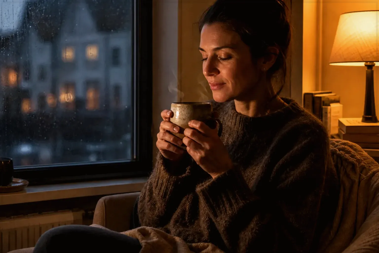Eine Frau genießt an einem regnerischen Abend ruhig eine warme Tasse Kaffee am Fenster – gezeigt für Siebträger im Themenvergleich.