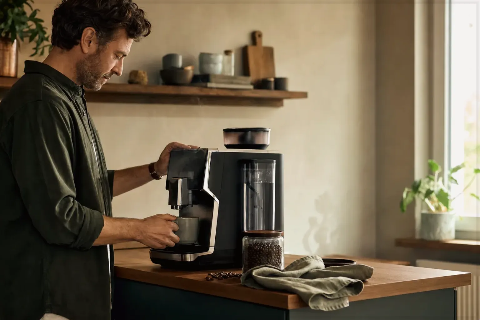 Ein Mann bereitet morgens Kaffee an einem Vollautomaten in seiner Küche zu – gezeigt für Dualboiler im Themenvergleich.