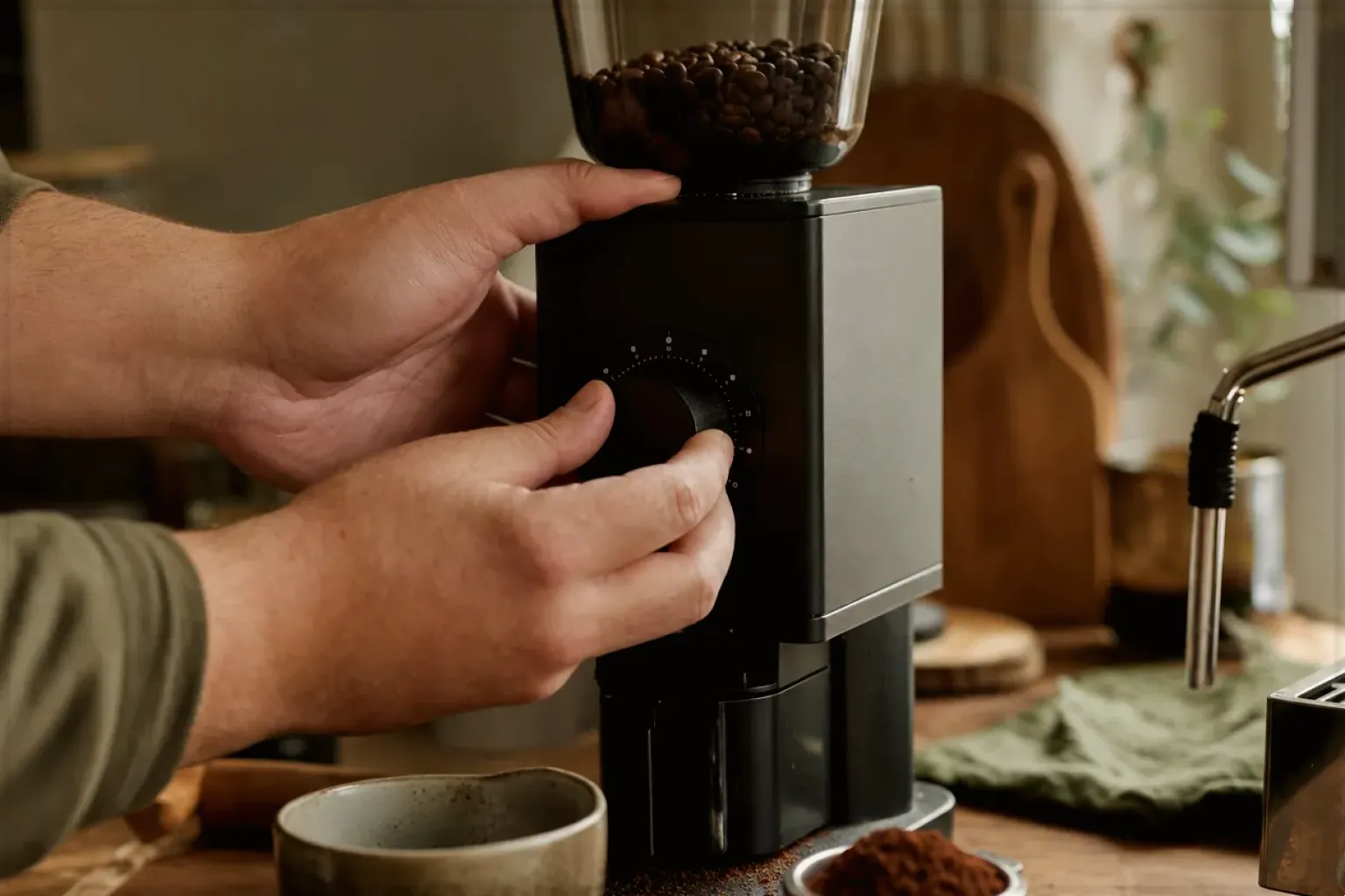Zwei Hände stellen den Mahlgrad an einer Kaffeemühle neben einer Espressomaschine ein – gezeigt für Dualboiler im Themenvergleich.