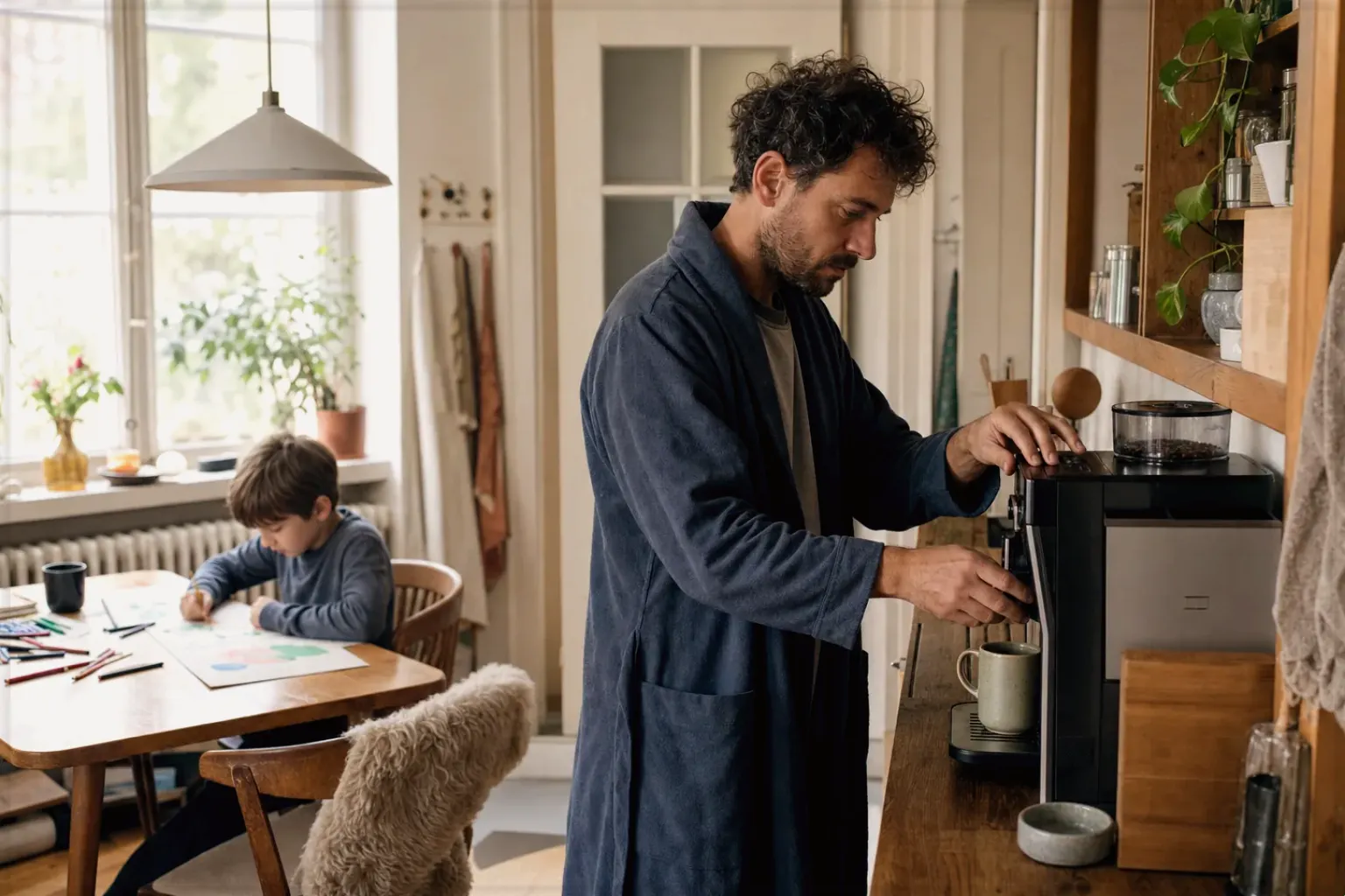 Ein Vater bereitet morgens Kaffee am Vollautomaten zu, während sein Kind am Küchentisch malt – gezeigt für Dualboiler im Themenvergleich.