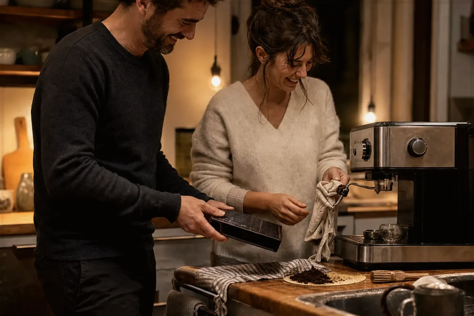Ein Paar reinigt am Abend gemeinsam und gut gelaunt seine Espressomaschine in der Küche – gezeigt für Dualboiler im Themenvergleich.